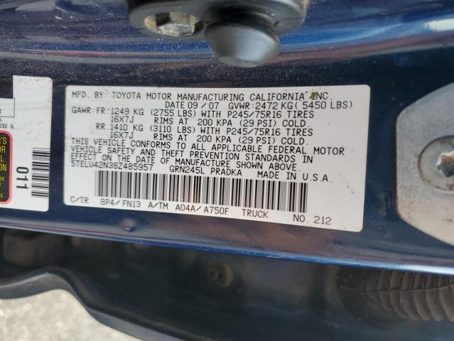 5TELU42N38Z485957 - 2008 TOYOTA TACOMA DOUBLE CAB 蓝色 照片 12