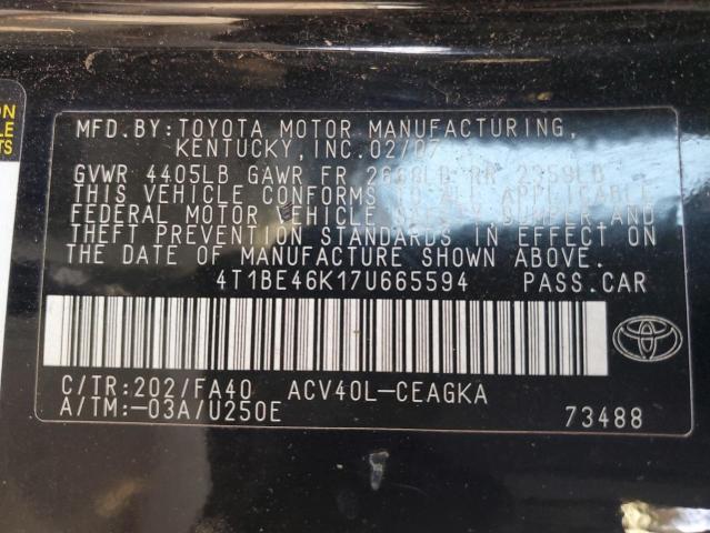 4T1BE46K17U665594 - 2007 TOYOTA CAMRY CE BLACK photo 12