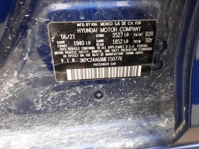 3KPC24A6XME150776 - 2021 HYUNDAI ACCENT SE BLUE photo 13