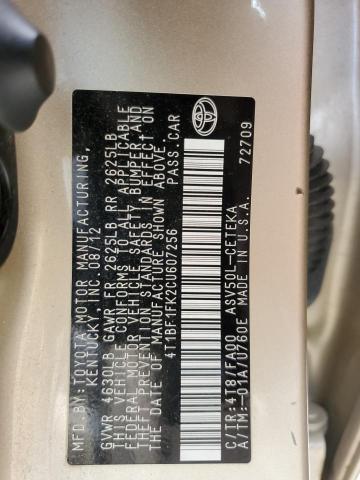 4T1BF1FK2CU607256 - 2012 TOYOTA CAMRY BASE TAN photo 12