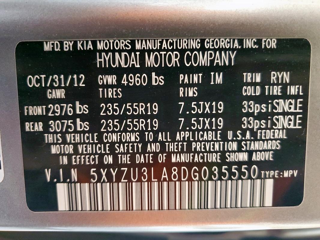 5XYZU3LA8DG035550 - 2013 HYUNDAI SANTA FE S Մոխրագույն լուսանկար 13