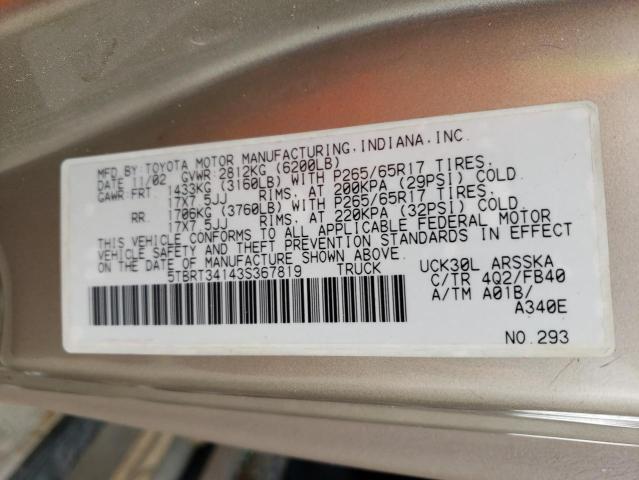 5TBRT34143S367819 - 2003 TOYOTA TUNDRA ACCESS CAB SR5 GOLD photo 12