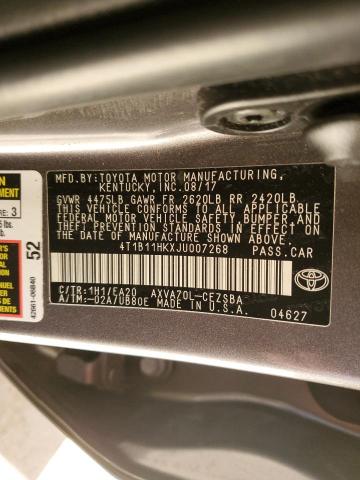 4T1B11HKXJU007268 - 2018 TOYOTA CAMRY L GRAY photo 12