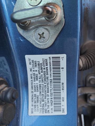 1HGFA15577L117263 - 2007 HONDA CIVIC LX BLUE photo 12