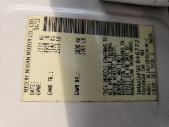 1N4AA5AP5BC846772 - 2011 NISSAN MAXIMA S Սպիտակ լուսանկար 12