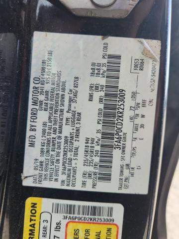 3FA6P0CD2KR253009 - 2019 FORD FUSION SEL BLACK photo 12