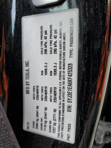 5YJ3E1EA6KF425328 - 2019 TESLA MODEL 3 შავი ფოტო 12