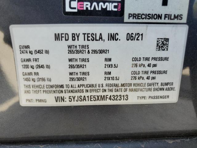 5YJSA1E5XMF432313 - 2021 TESLA MODEL S Grafitowy zdjęcie 13