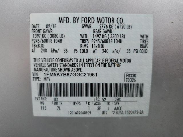 1FM5K7B87GGC21961 - 2016 FORD EXPLORER SILVER photo 14