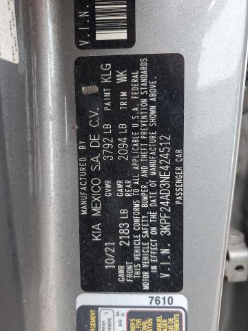 3KPF24AD3NE424512 - 2022 KIA FORTE FE GRAY photo 12