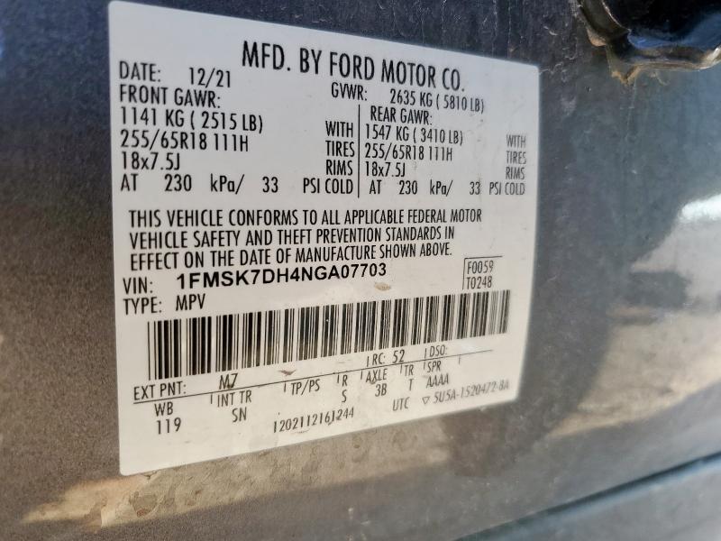 1FMSK7DH4NGA07703 - 2022 FORD EXPLORER XLT Gris foto 14