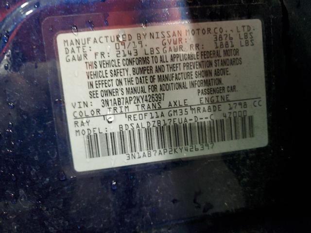 3N1AB7AP2KY426397 - 2019 NISSAN SENTRA S 蓝色 照片 12