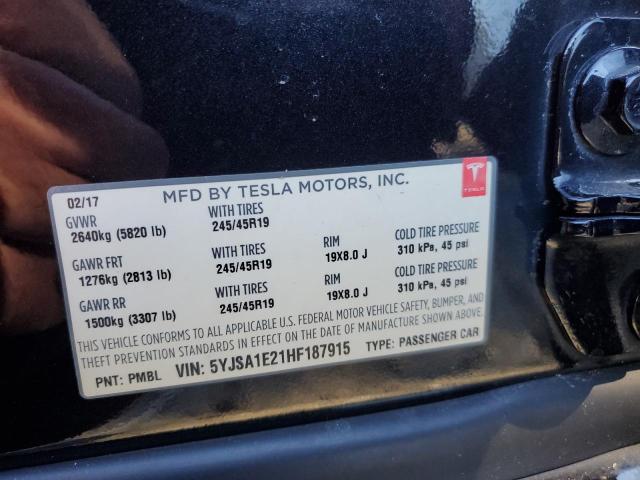 5YJSA1E21HF187915 - 2017 TESLA MODEL S შავი ფოტო 13