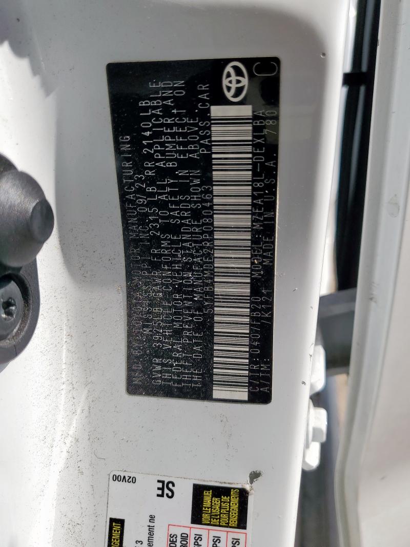 5YFB4MDE2RP080463 - 2024 TOYOTA COROLLA LE თეთრი ფოტო 12