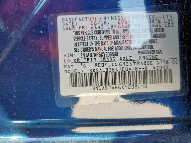 3N1AB7AP6KY208690 - 2019 NISSAN SENTRA S 蓝色 照片 13