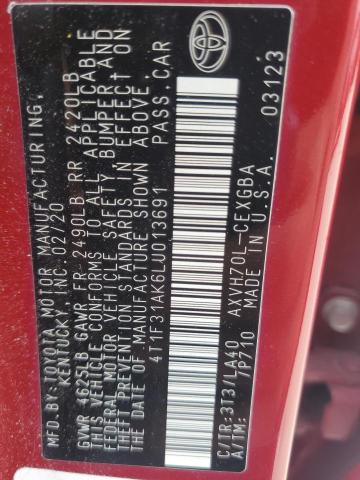 4T1F31AK6LU013691 - 2020 TOYOTA CAMRY XLE წითელი ფოტო 13