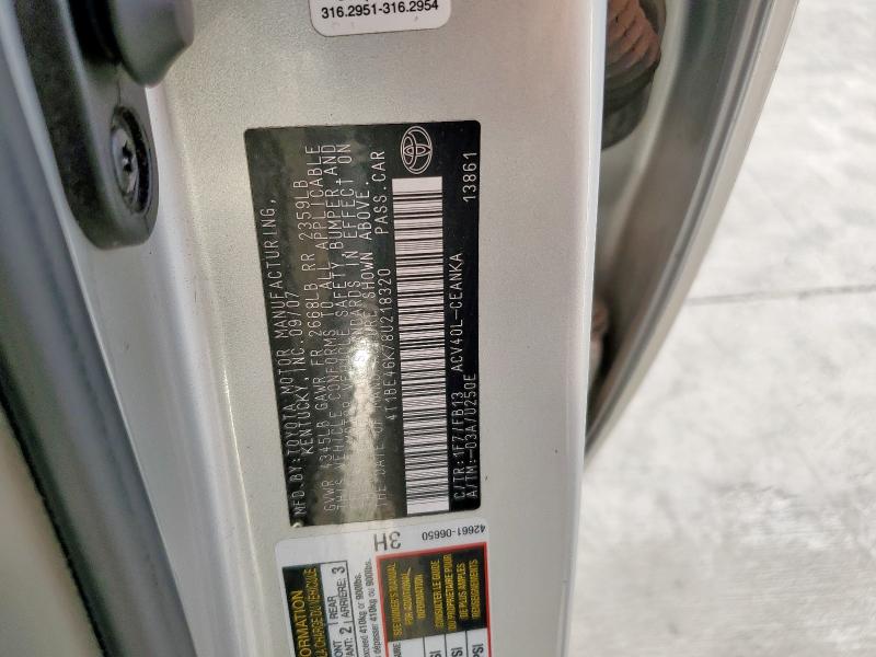 4T1BE46K78U218320 - 2008 TOYOTA CAMRY CE ვერცხლისფერი ფოტო 12