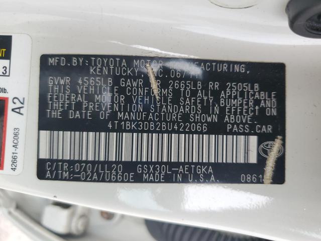 4T1BK3DB2BU422066 - 2011 TOYOTA AVALON BASE Beyaz fotoğraf 13