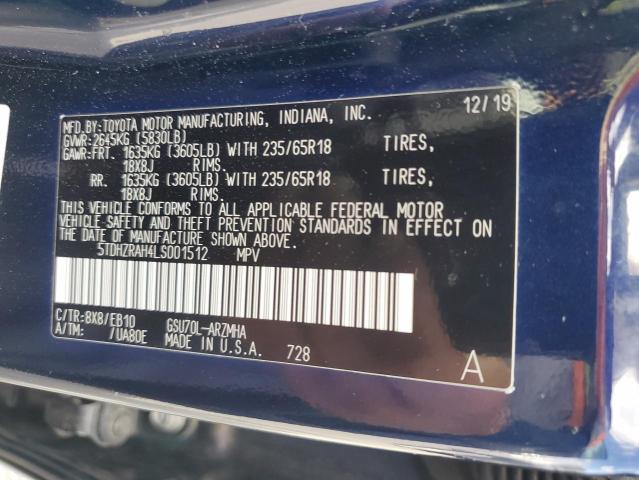 5TDHZRAH4LS001512 - 2020 TOYOTA HIGHLANDER XLE BLUE photo 13