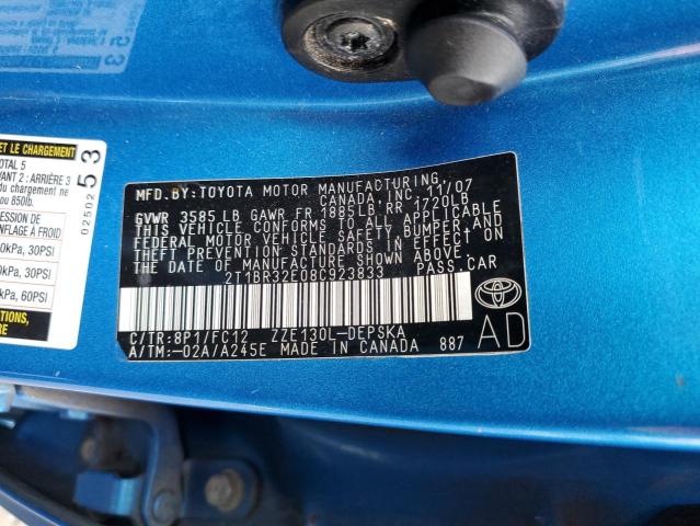 2T1BR32E08C923833 - 2008 TOYOTA COROLLA CE BLUE photo 12