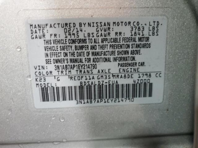 3N1AB7AP1EY214790 - 2014 NISSAN SENTRA S SILVER photo 13