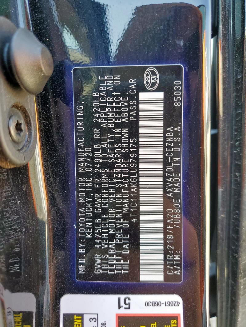 4T1C11AK6LU979175 - 2020 TOYOTA CAMRY LE BLACK photo 12