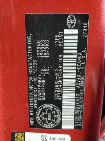 4T1BE46K17U091109 - 2007 TOYOTA CAMRY CE RED photo 12