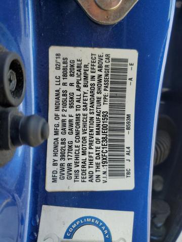 19XFC1E38JE001593 - 2018 HONDA CIVIC EX Көк фото 12
