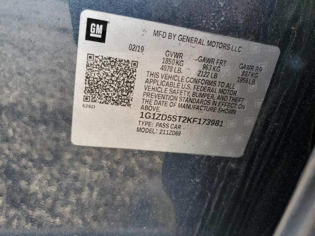 1G1ZD5ST2KF173981 - 2019 CHEVROLET MALIBU LT CHARCOAL photo 12