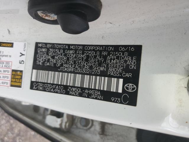 JTDKBRFU3G3021273 - 2016 TOYOTA PRIUS 白色 照片 12