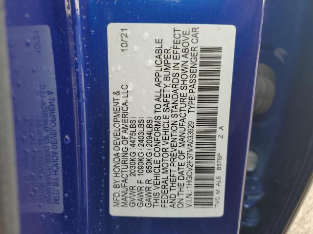 1HGCV2F37MA033929 - 2021 HONDA ACCORD SPORT BLUE photo 12