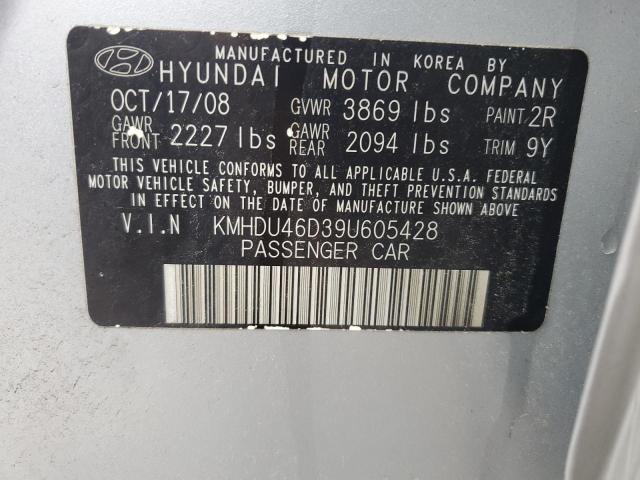 KMHDU46D39U605428 - 2009 HYUNDAI ELANTRA GLS SILVER photo 12