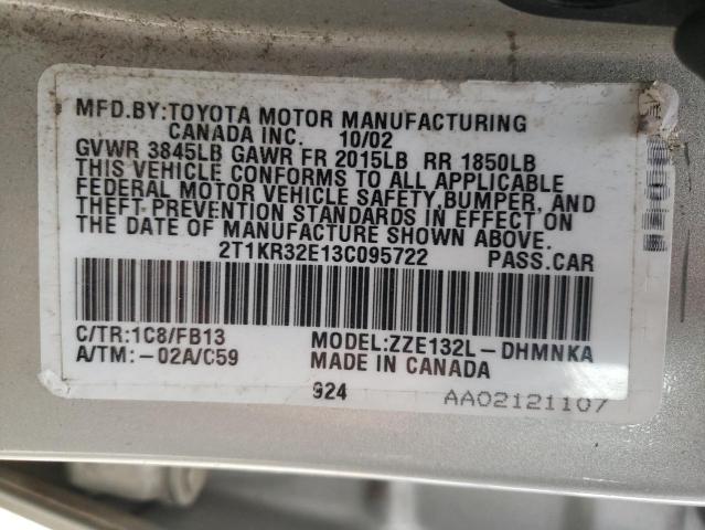 2T1KR32E13C095722 - 2003 TOYOTA COROLLA MA XR SILVER photo 13