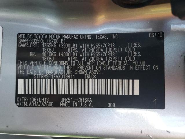 5TFRM5F17AX019811 - 2010 TOYOTA TUNDRA DOUBLE CAB SR5 SILVER photo 12