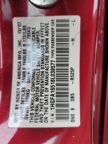 1HGFA16518L039577 - 2008 HONDA CIVIC LX 勃艮第红 照片 12