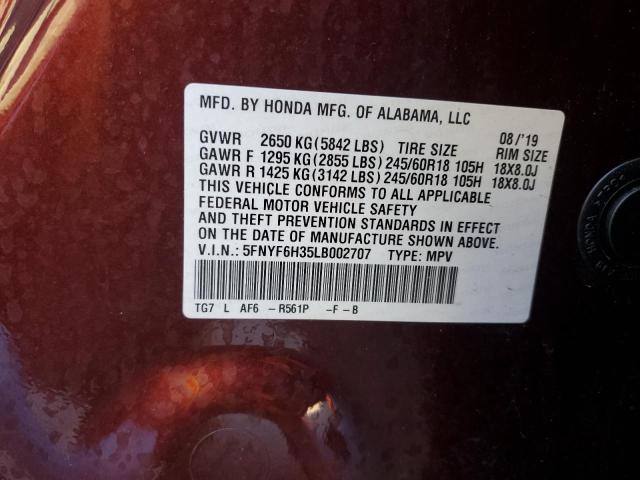 5FNYF6H35LB002707 - 2020 HONDA PILOT EX Tünd qırmızı foto 13