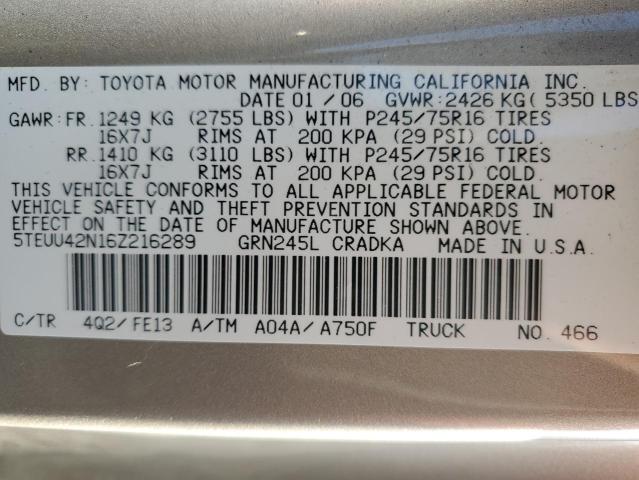 5TEUU42N16Z216289 - 2006 TOYOTA TACOMA ACCESS CAB თაფლისფერი ფოტო 12