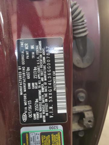 5XXGT4L36GG007837 - 2016 KIA OPTIMA LX MAROON photo 12