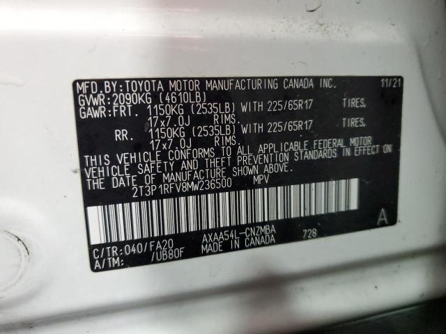 2T3P1RFV8MW236500 - 2021 TOYOTA RAV4 XLE თეთრი ფოტო 13