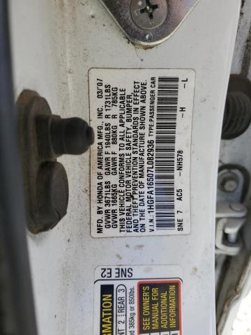 1HGFA16507L082936 - 2007 HONDA CIVIC LX WHITE photo 12