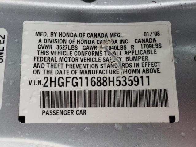 2HGFG11688H535911 - 2008 HONDA CIVIC LX SILVER photo 12