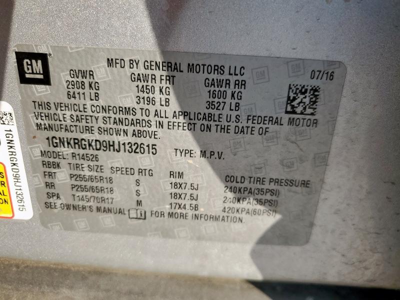 1GNKRGKD9HJ132615 - 2017 CHEVROLET TRAVERSE LT SILVER photo 13