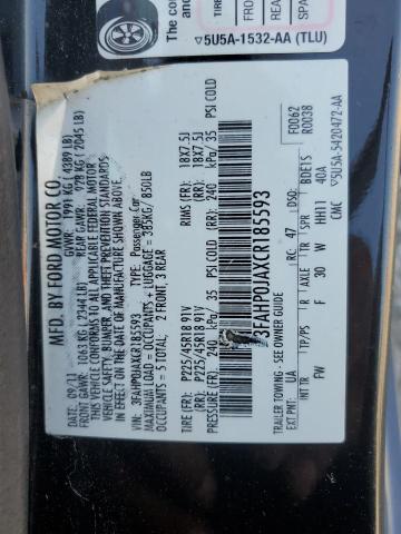 3FAHP0JAXCR185593 - 2012 FORD FUSION SEL أسود صورة 12