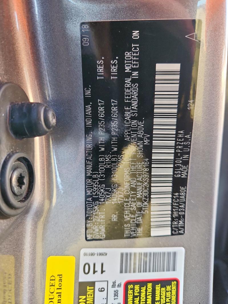 5TDKZ3DC2KS978164 - 2019 TOYOTA SIENNA LE Сұр фото 12