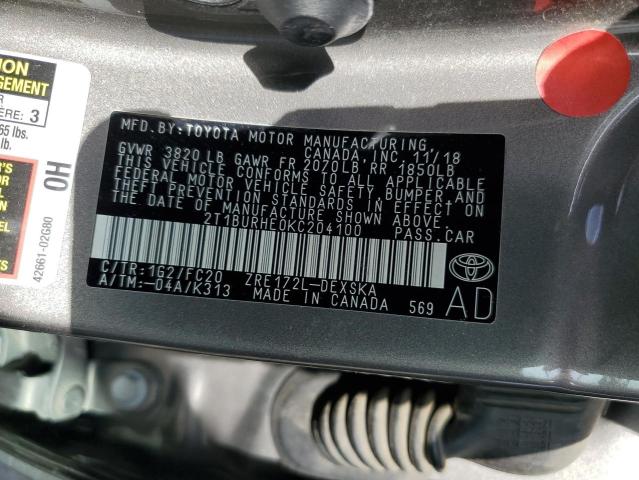 2T1BURHE0KC204100 - 2019 TOYOTA COROLLA L ყავისფერი ფოტო 12