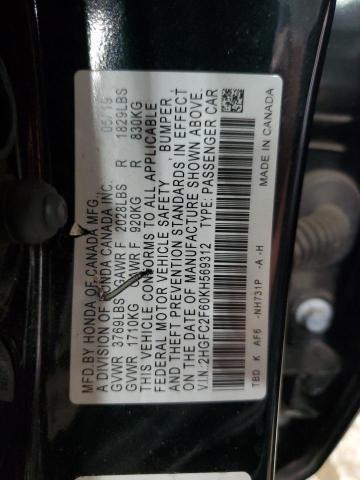 2HGFC2F60KH569312 - 2019 HONDA CIVIC LX BLACK photo 12