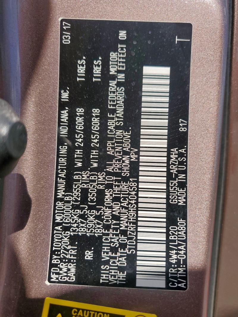 5TDJZRFH9HS404581 - 2017 TOYOTA HIGHLANDER SE 棕色 照片 13