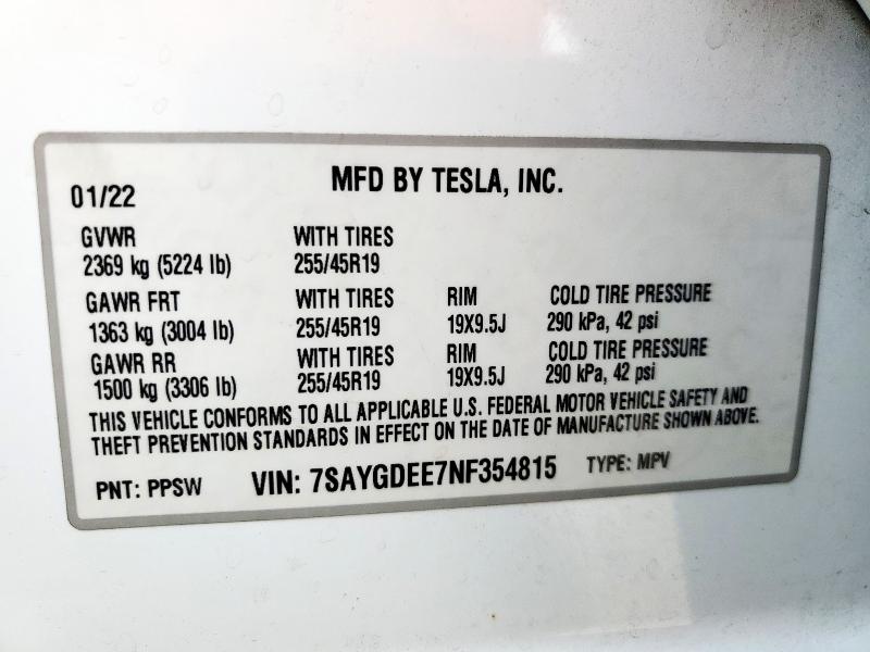 7SAYGDEE7NF354815 - 2022 TESLA MODEL Y Սպիտակ լուսանկար 14