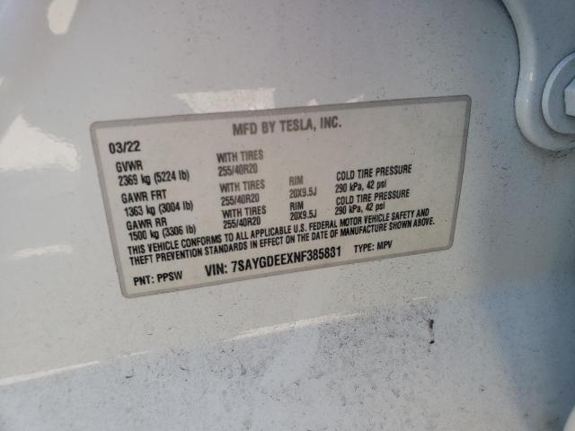 7SAYGDEEXNF385881 - 2022 TESLA MODEL Y თეთრი ფოტო 12