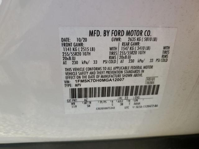 1FMSK7DH0MGA12007 - 2021 FORD EXPLORER XLT Biały zdjęcie 13